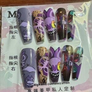 Press On Nails Medium Coffin Shape Purple Cartoon Character Nail‎ Art